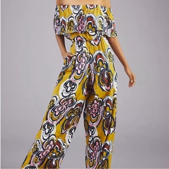 Bel Kazan Pants - Anthropologie Bel Kazan Navy Blue & Yellow  Off the Shoulder Lily Jumpsu…